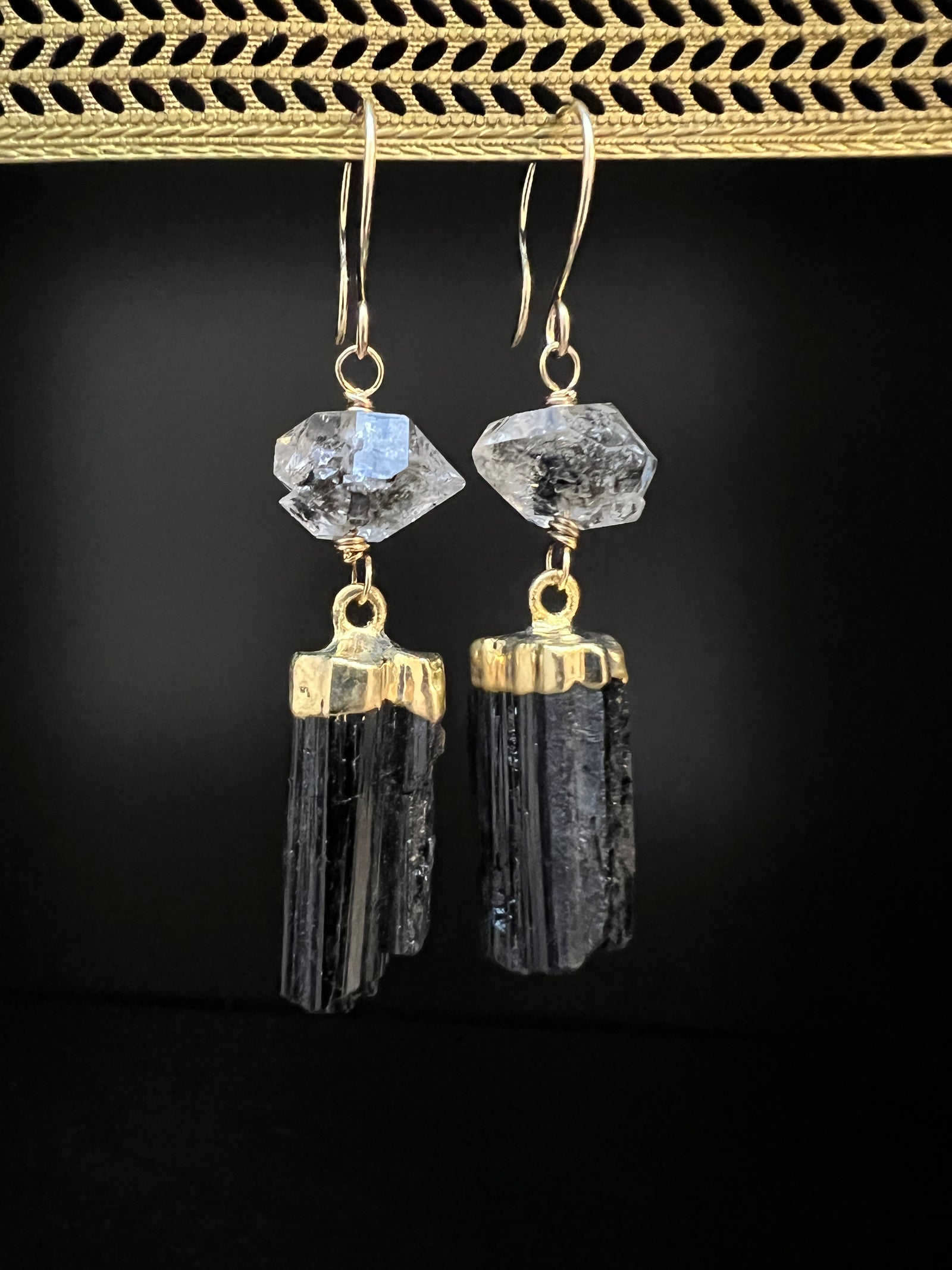 Electroplated Black Tourmaline with Herkimer Diamond Earrings by Pake