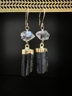 Electroplated Black Tourmaline with Herkimer Diamond Earrings by Pake
