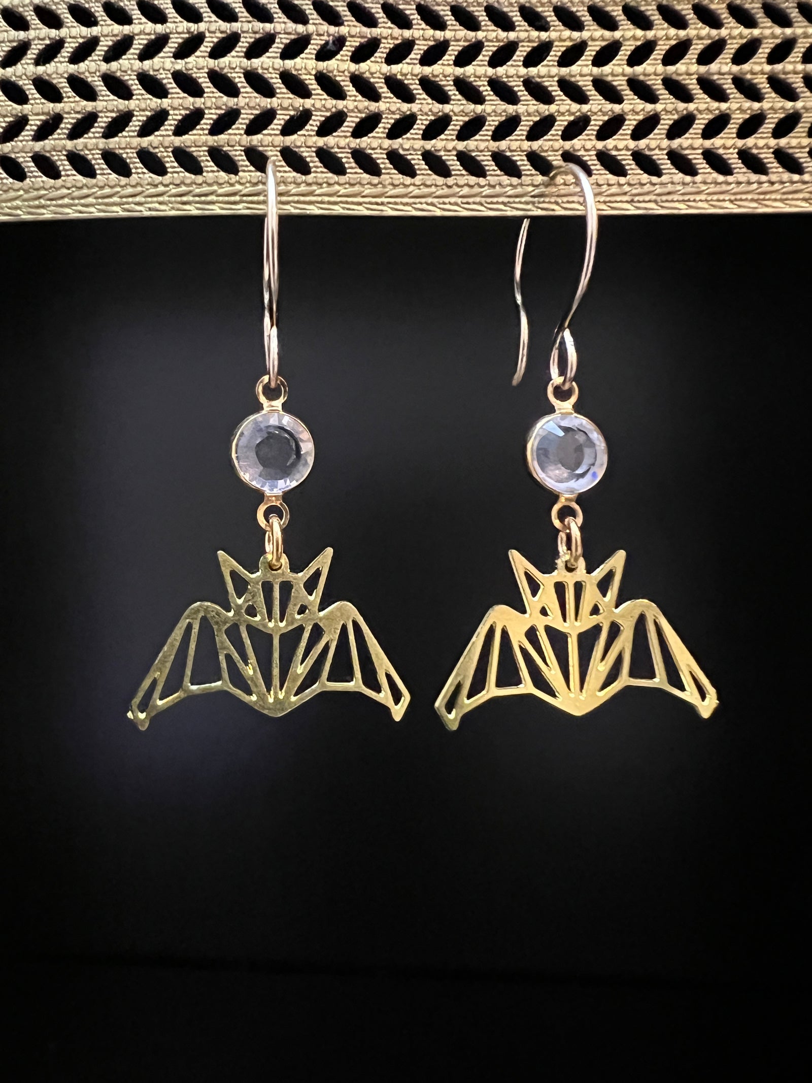 Brass Bat and Crystal Earrings by Pake