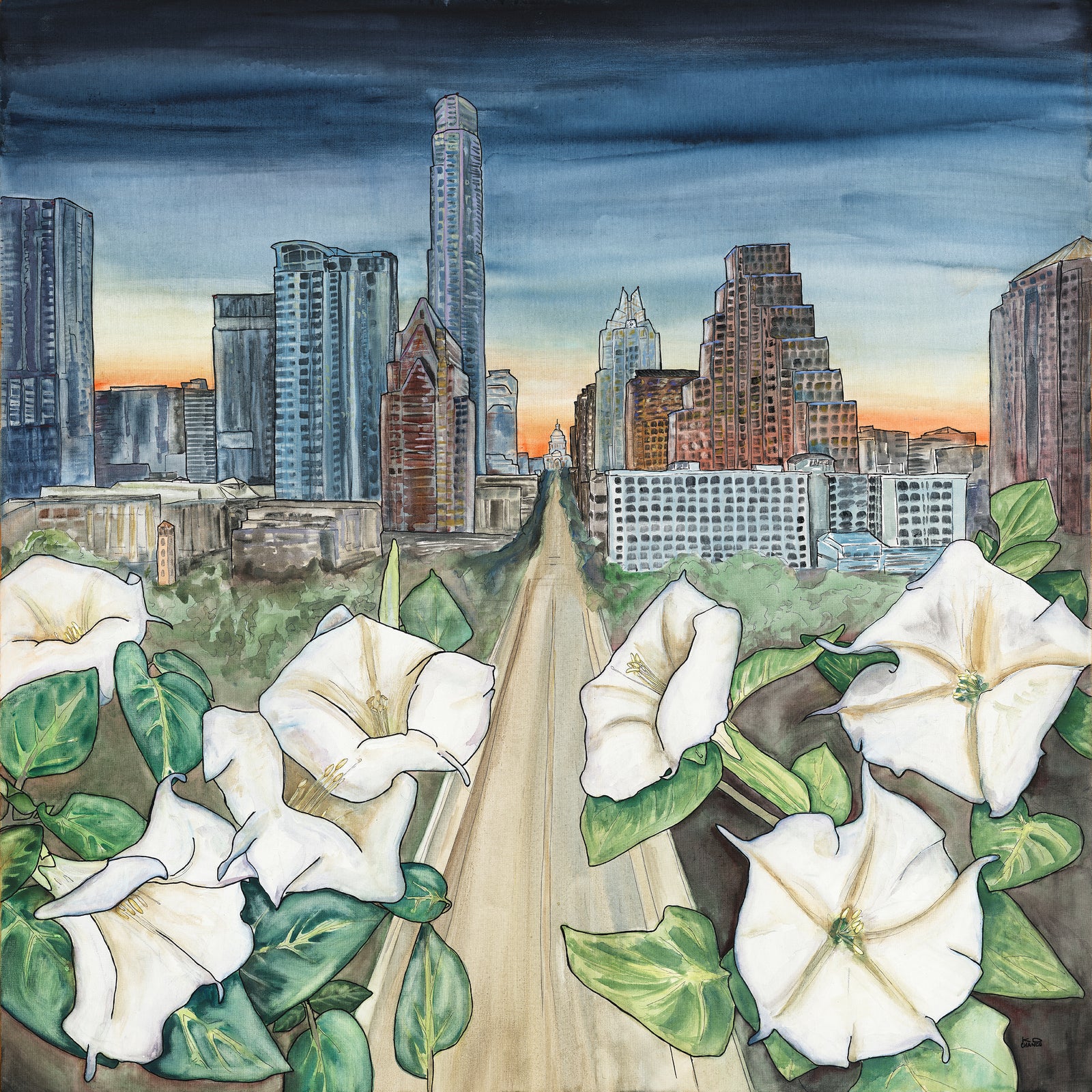 Congress Bridge with Night Moon Flowers by Katie Chance