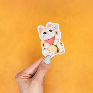 This Texas maneki lucky cat vinyl sticker was created using a hand-painted watercolor illustration by Kathy Phan from kathyphantastic. This matte vinyl cat sticker is waterproof.