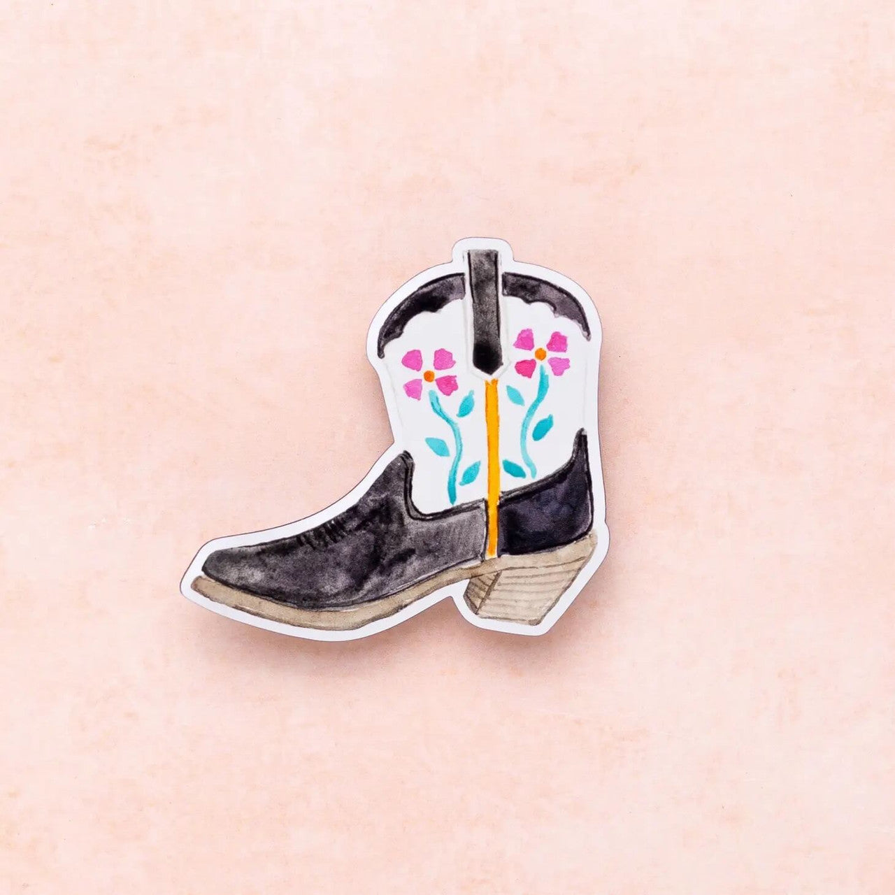 This fiesta floral black and white Texas cowboy boot vinyl sticker was created using a hand painted watercolor illustration of a cowboy boot by Kathy Phan from kathyphantastic. Bring back memories from Fiesta at the San Antonio Riverwalk.