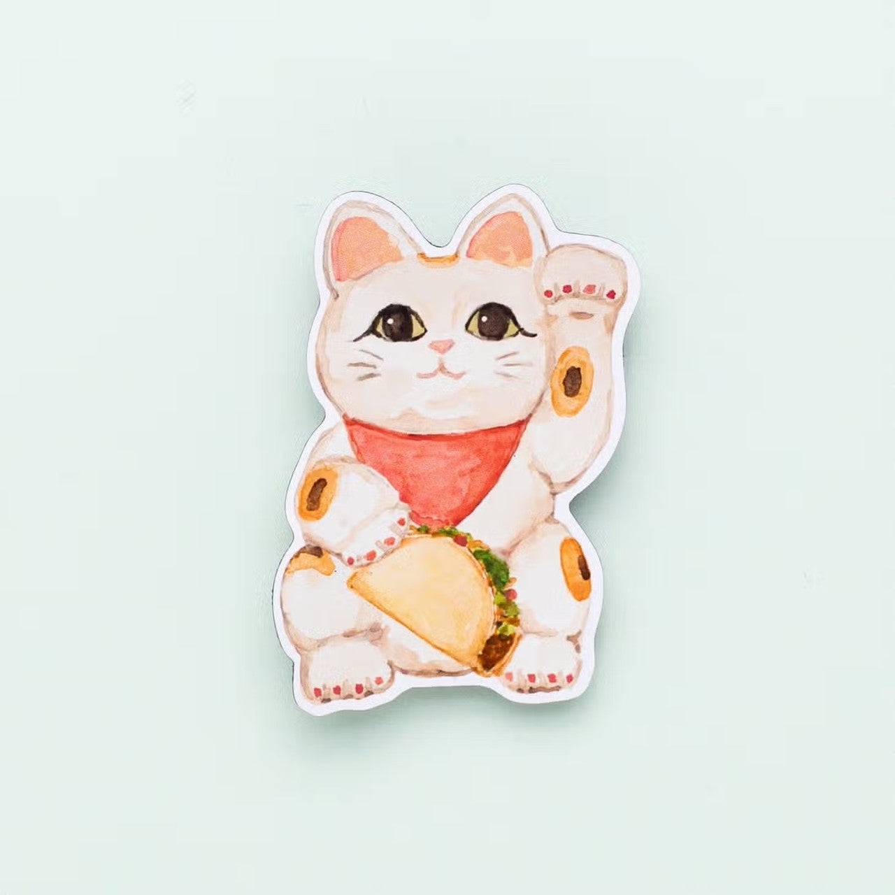 This Texas maneki lucky cat vinyl magnet was created using a hand-painted watercolor illustration by Kathy Phan from kathyphantastic. This matte vinyl cat magnet is waterproof.