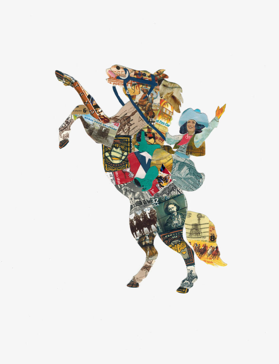 Ride Em Cowgirl - Postage Stamp Collage Print by Katie Conley