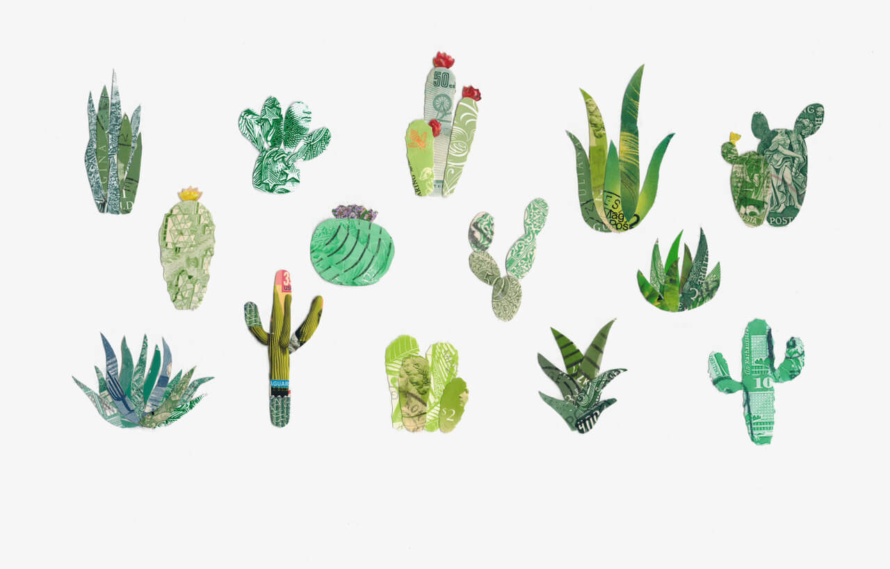 Cacti Postage Stamp Collage Print + 11"x14" by Katie Conley