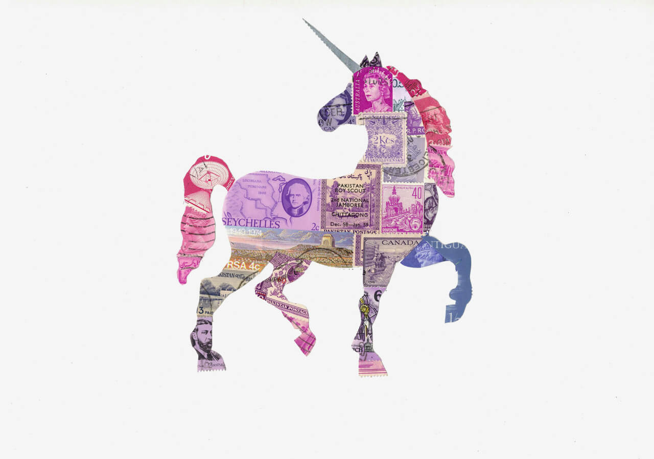 Graceful Unicorn Postage Stamp Collage Print by Katie Conley + 11" x 14"