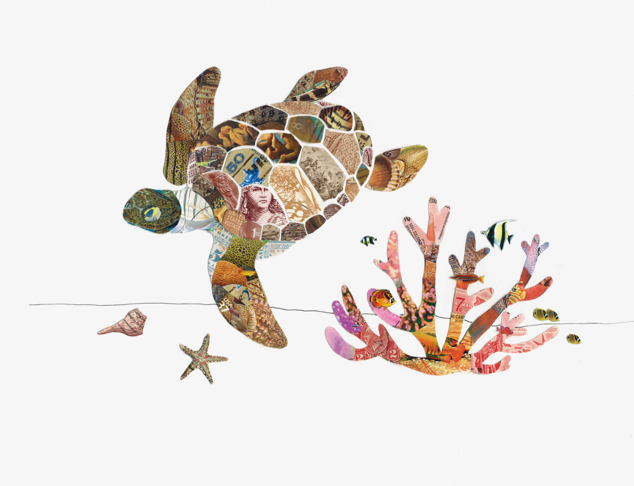 Sea Turtle - Postage Stamp Collage Print by Katie Conley + 11"x14"