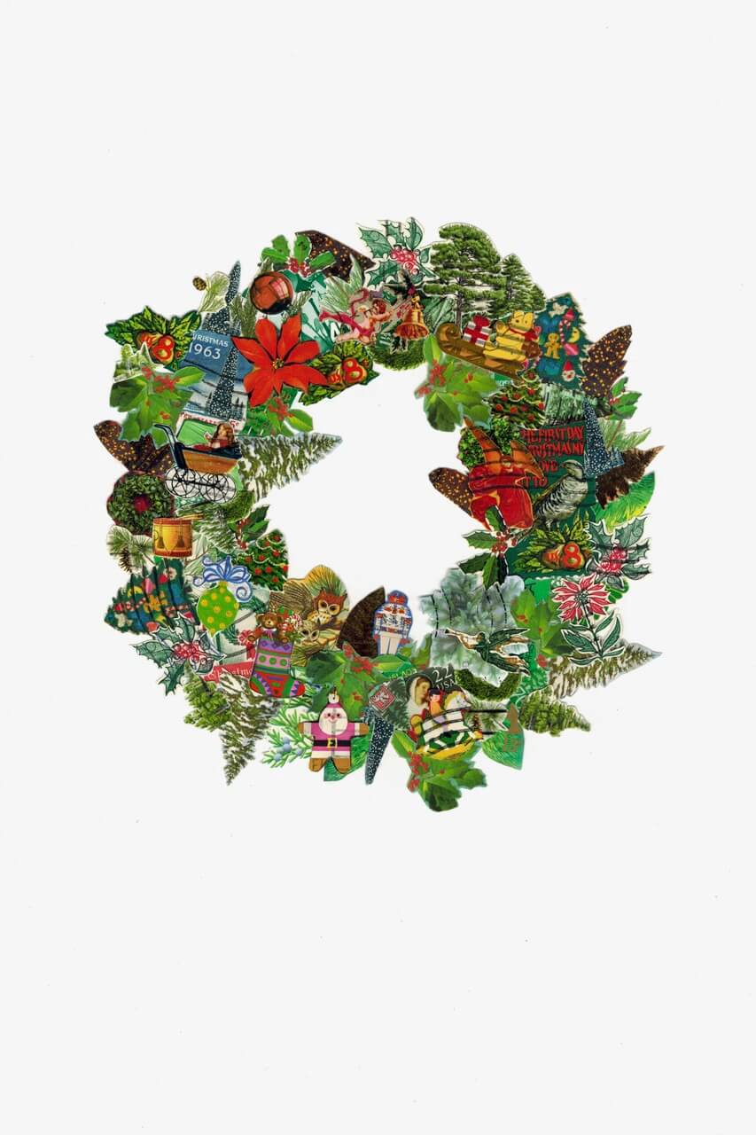 Holiday Wreath - Postage Stamp Collage Print by Katie Conley