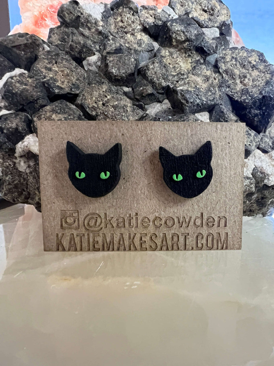 Black Cat with Green Eyes Earrings by Katie Cowden