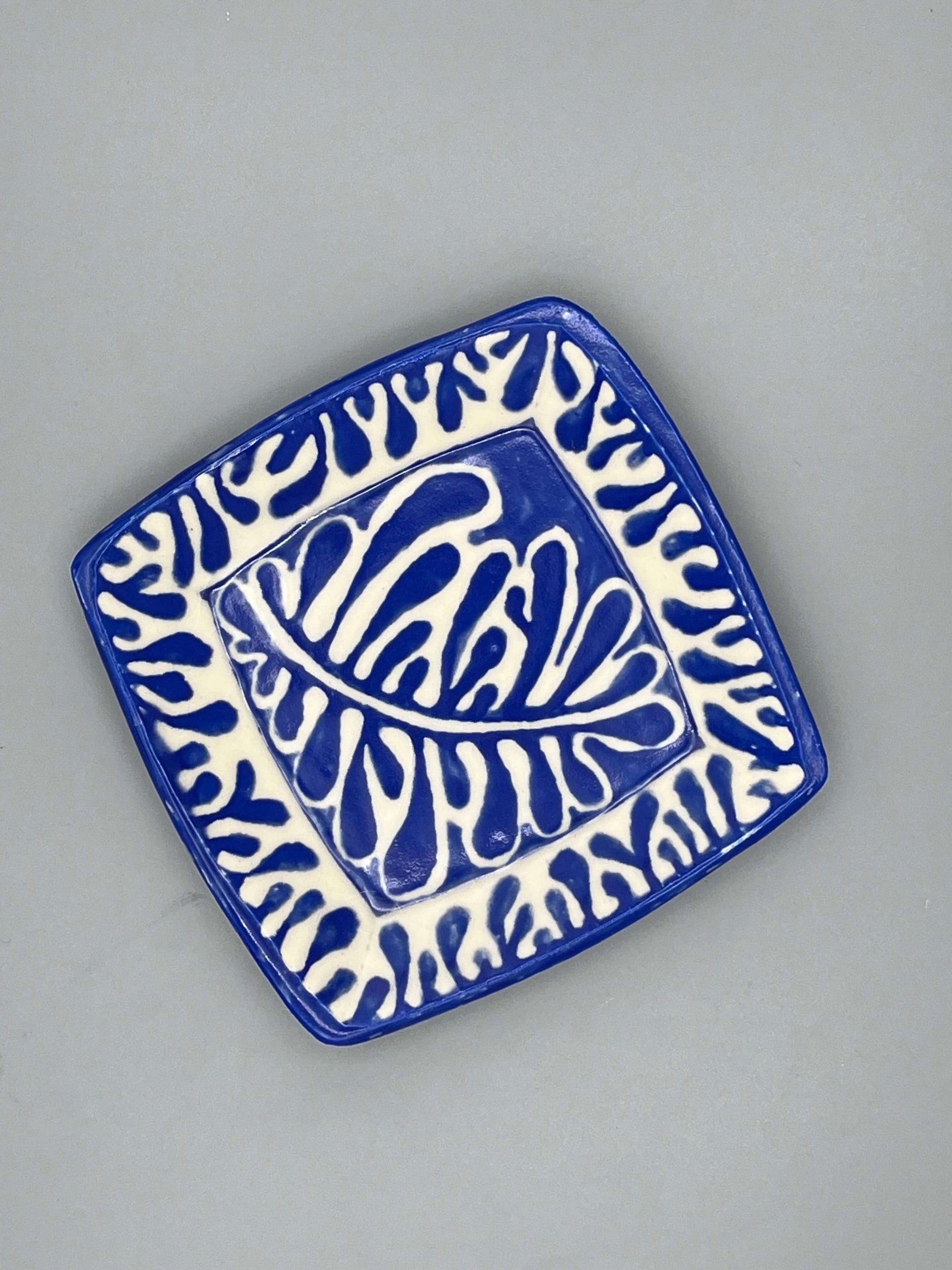 Square Bright Blue Monstera Leaf Patterned Dish by Katy Bradshaw David