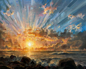 In this piece, I chose to blend a classical composition with a contemporary approach. The heightened geometric rays in the sky evoke the sense of standing under a crystalline sky, lit up with the radiance of a setting sun.