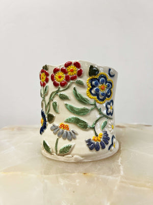 Colorful Floral Relief Ceramic Planter #1 by Leila Levinson