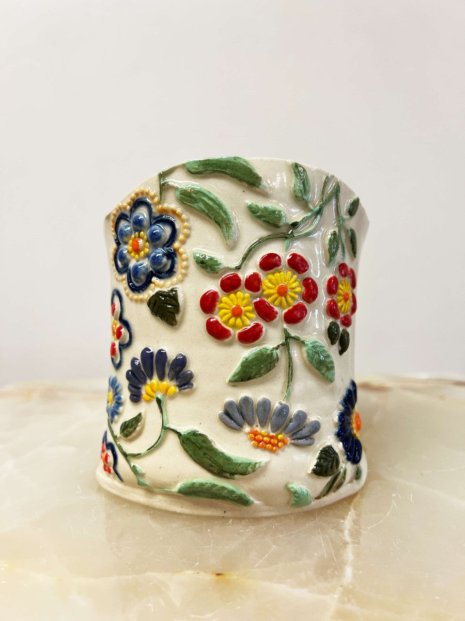 Colorful Floral Relief Ceramic Planter #2 by Leila Levinson