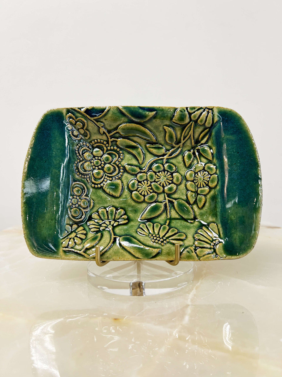 Medium Green Floral Relief Ceramic Dish by Leila Levinson