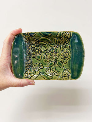 Medium Green Floral Relief Ceramic Dish by Leila Levinson