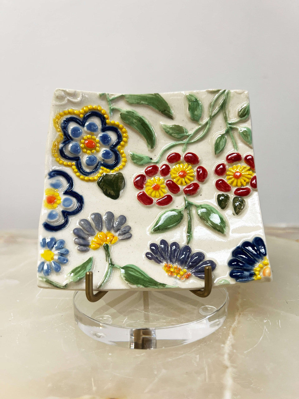 Colorful Floral Relief Ceramic Dish by Leila Levinson + Small