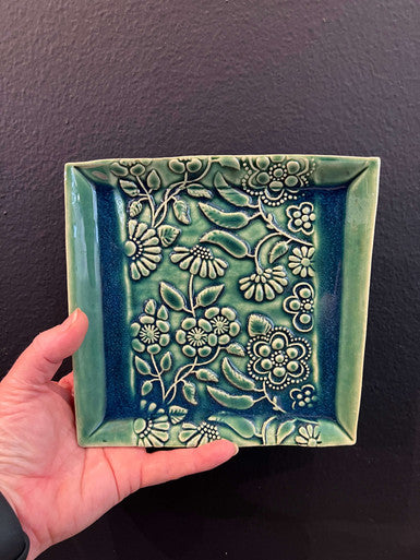 Square Bluegreen Floral Relief Ceramic Tray by Leila Levinson