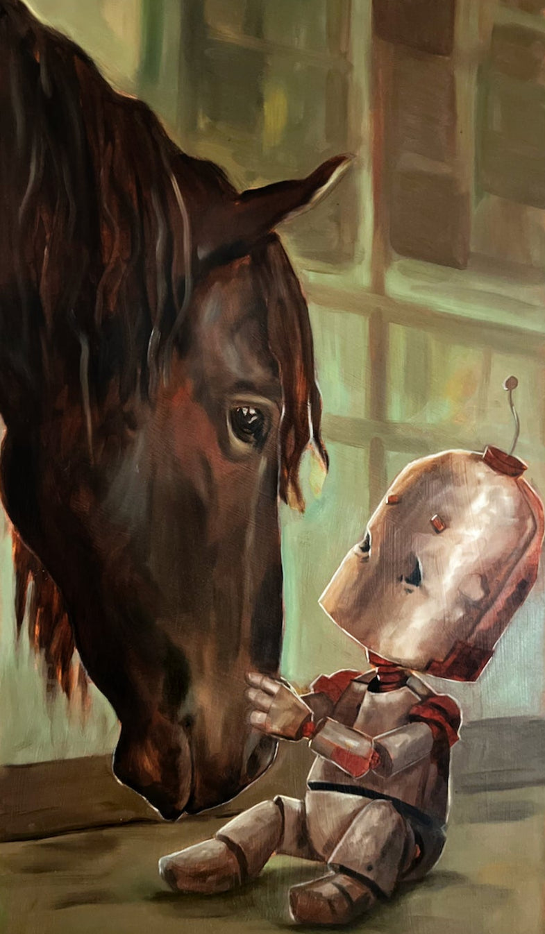 Mare Bot - Robots in Rowboats by Lauren Briere + Print on Wood "Brick"