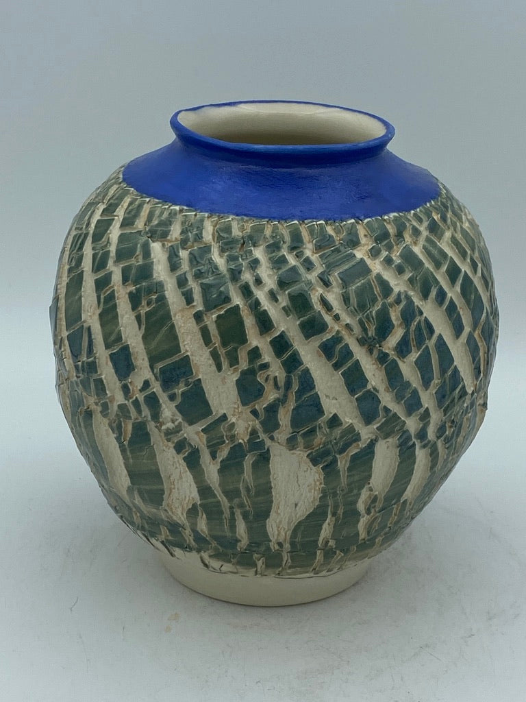 Porcelain Crackle Pot with Blue Lip by Mark Kazanoff