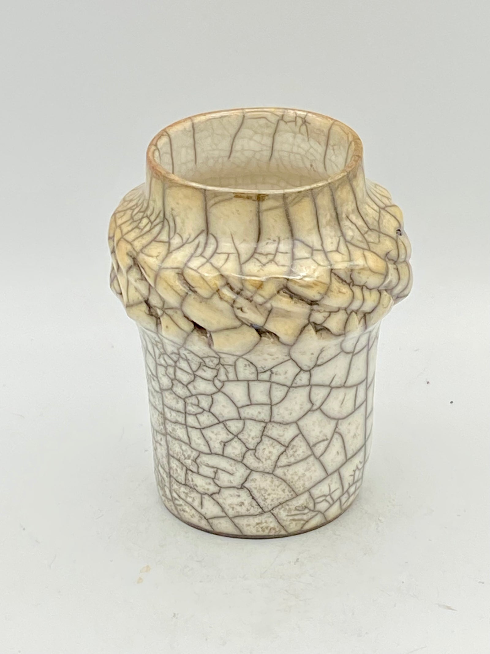 White Crackle Raku Vase with Geo Twist #1 by Mark Kaz