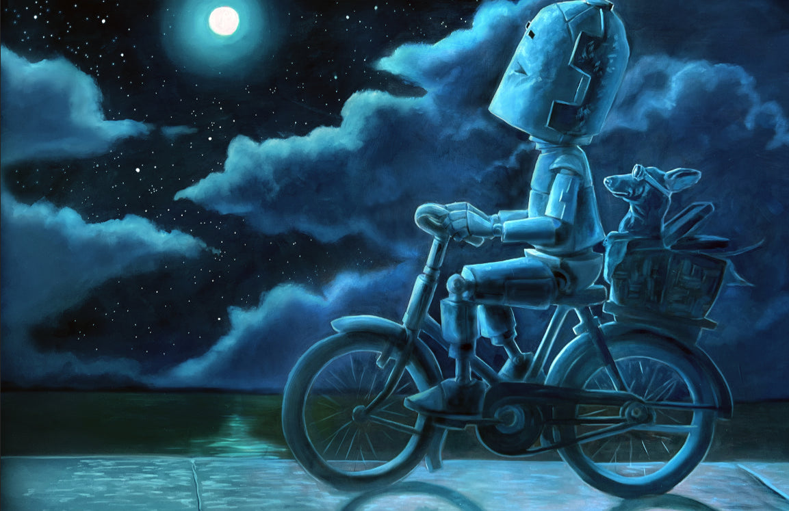 Night Rider Bot - Robots in Rowboats by Lauren Briere + Print on Wood "Brick"