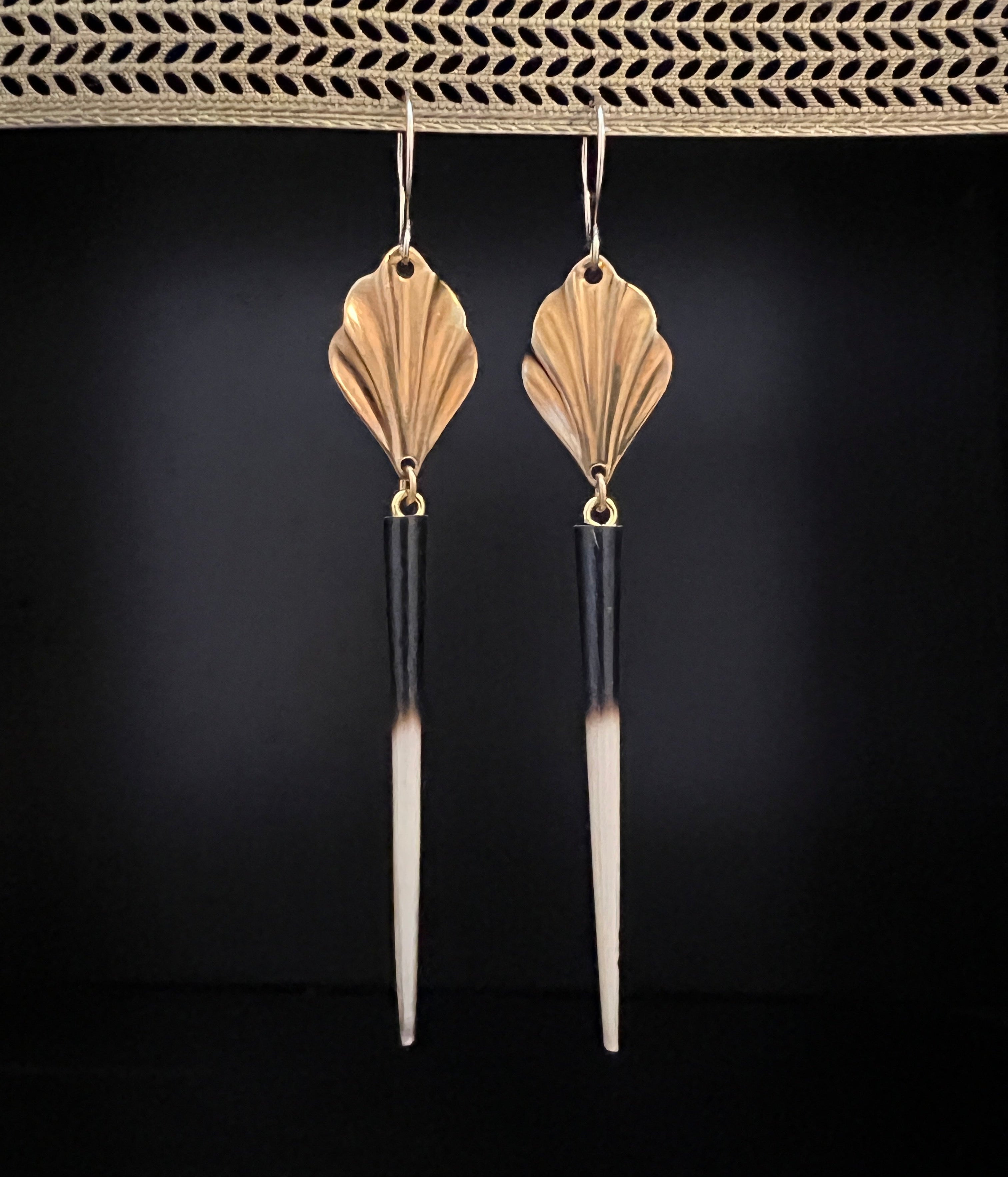 African Porcupine Quill and Brass Fan Earrings by Pake