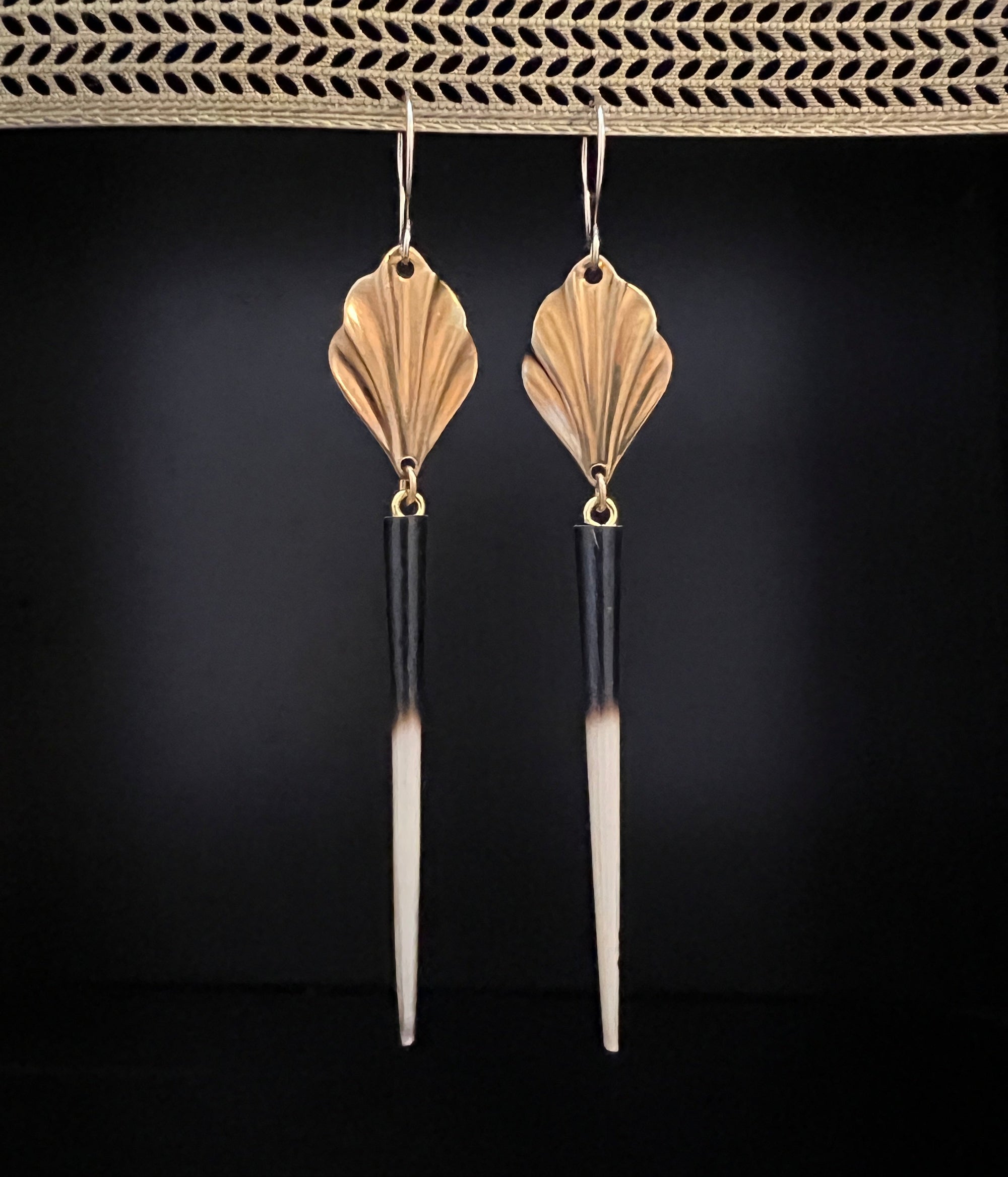 African Porcupine Quill and Brass Fan Earrings by Pake