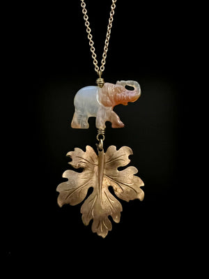 Agate Elephant and Red Brass Leaf Necklace by Pake