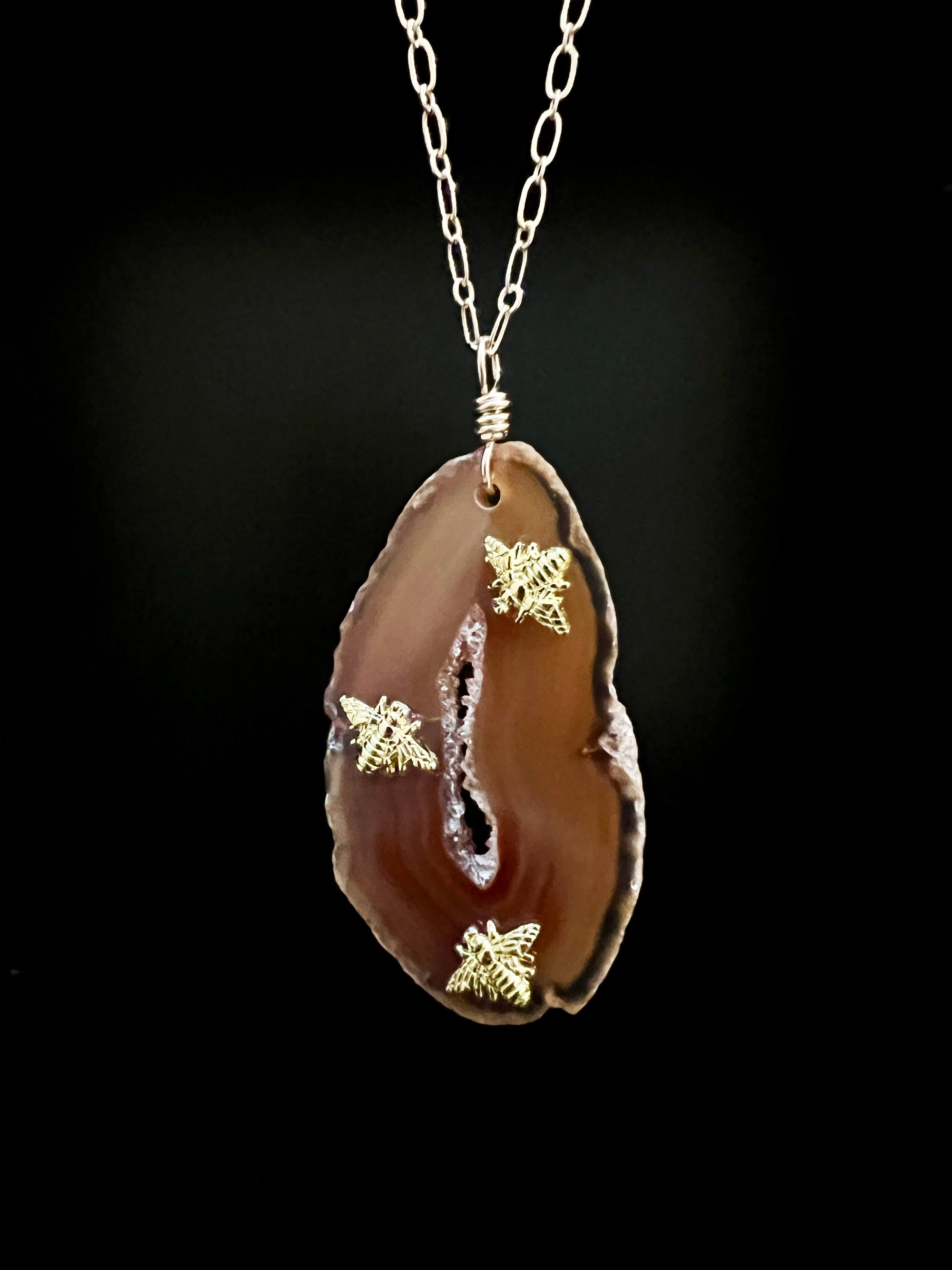 Agate Slice with Bees Necklace by Pake