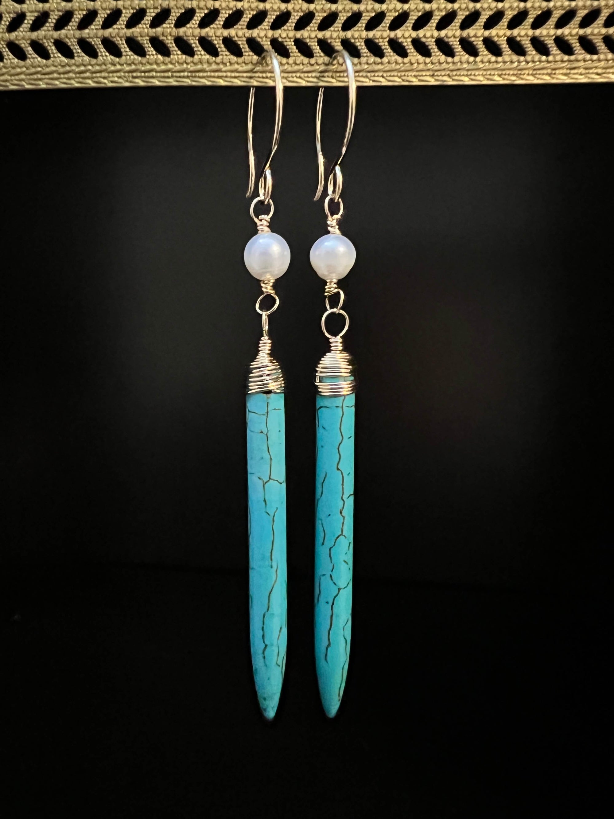 Blue Howlite Points with Pearl Earrings by Pake