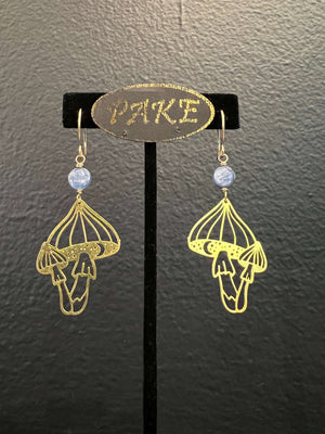 Laser Cut Brass Mushrooms with Blue Kyanite Accents on Hand Made Gold Filled Ear Wires