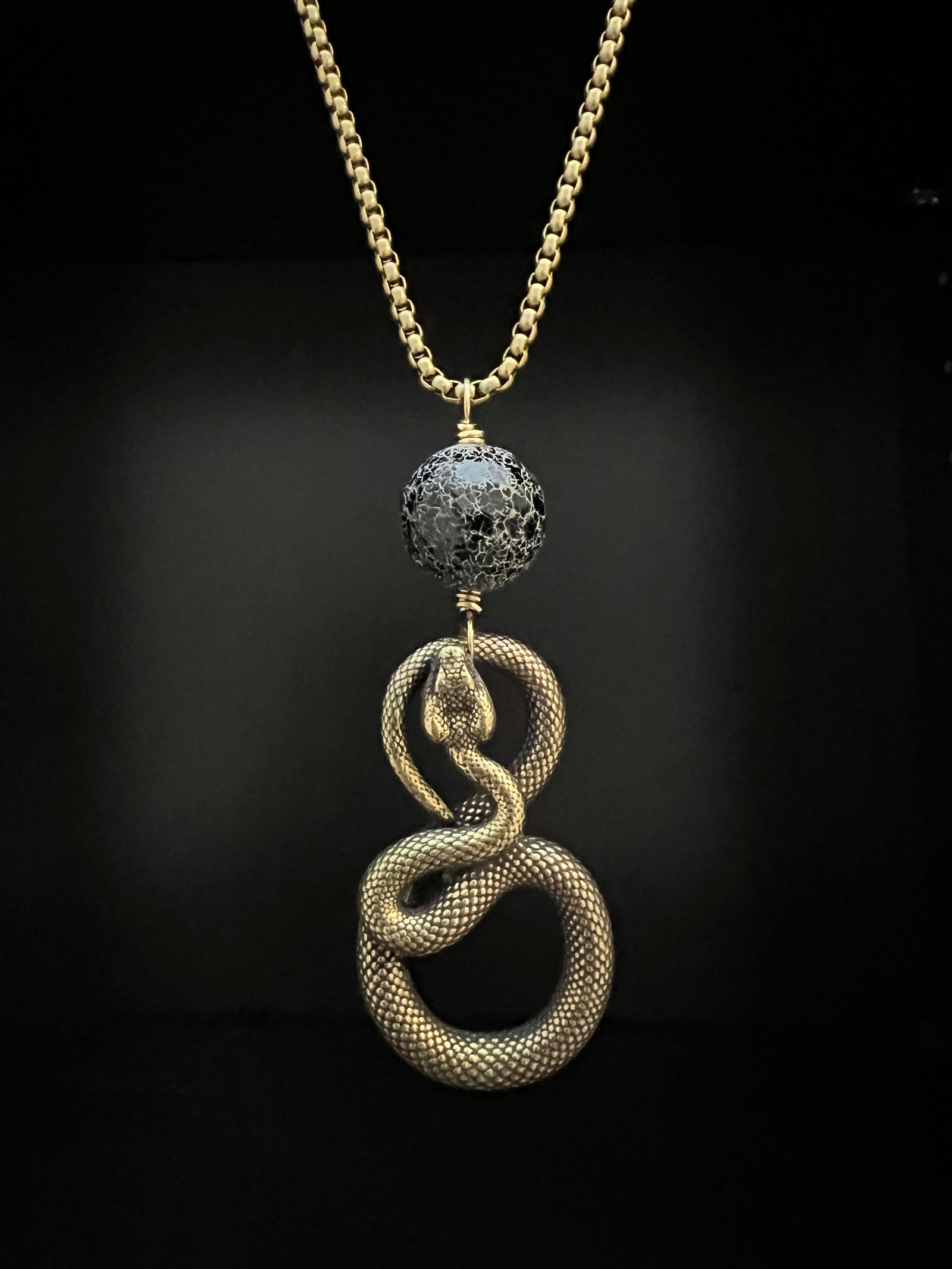 Cast Brass Serpent with Crackle Agate Necklace by Pake