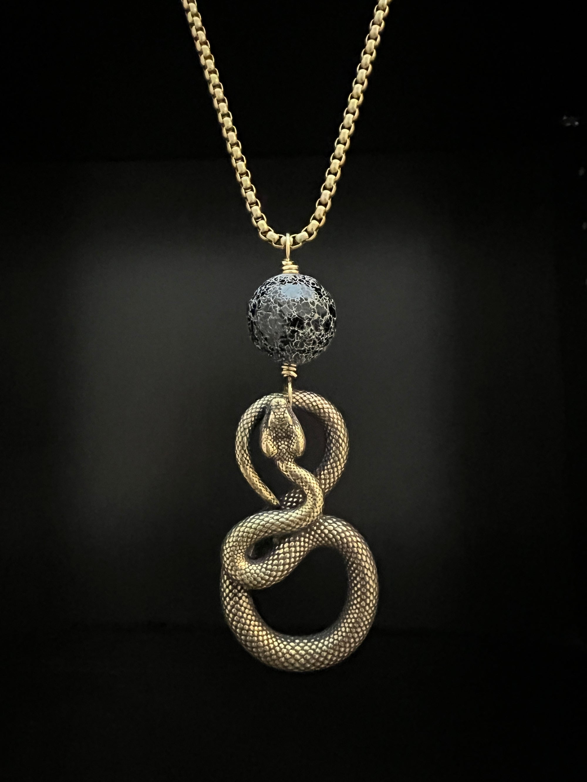 Cast Brass Serpent with Crackle Agate Necklace by Pake