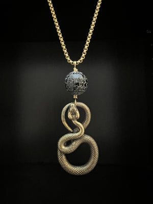 Cast Brass Serpent with Crackle Agate Necklace by Pake