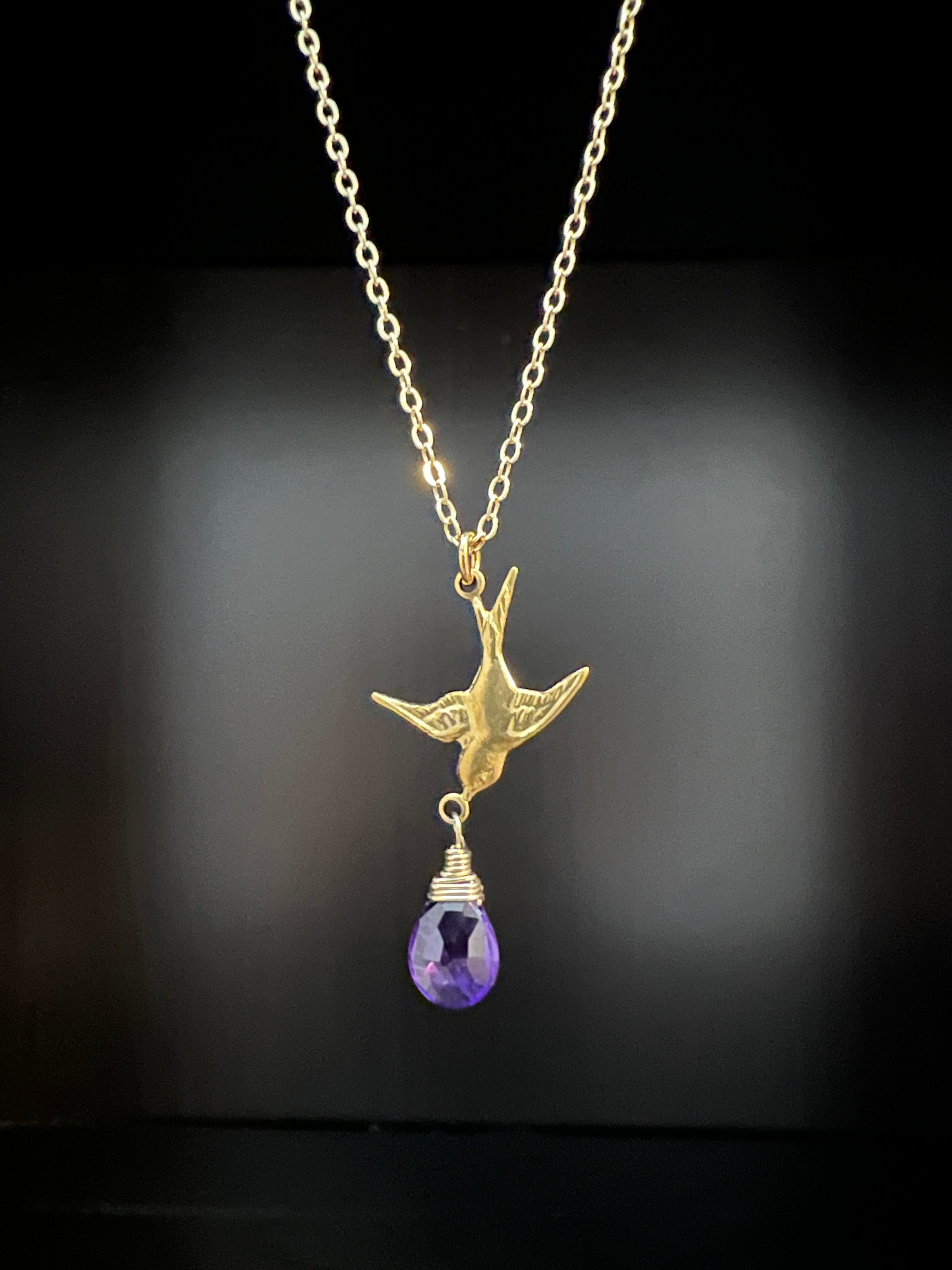Brass Swallow with Amethyst Necklace by Pake