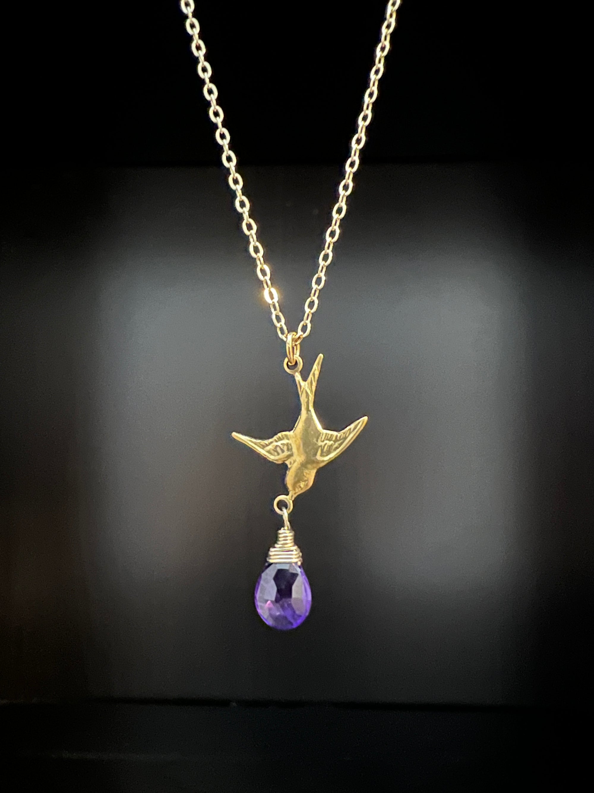 Brass Swallow with Amethyst Necklace by Pake