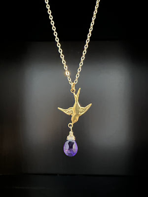 Brass Swallow with Amethyst Necklace by Pake