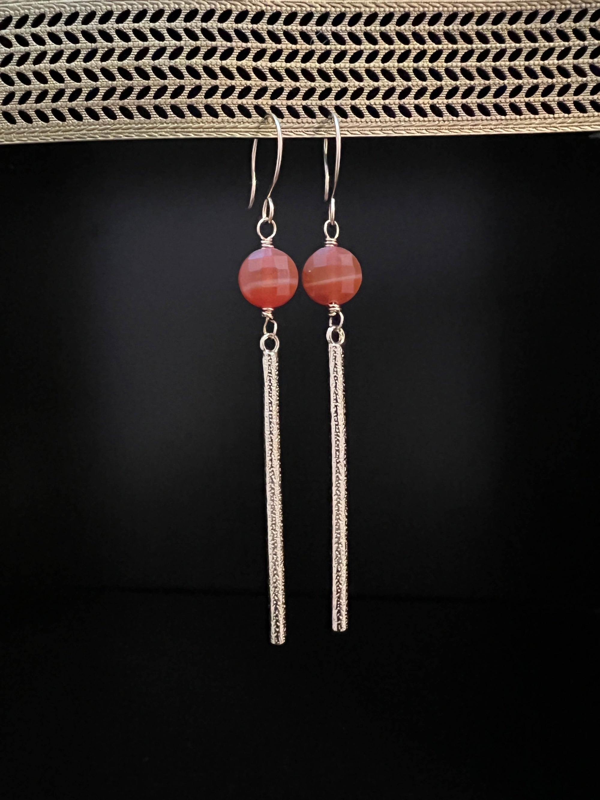 Carnelian and Golden Alloy Bar Earrings by Pake