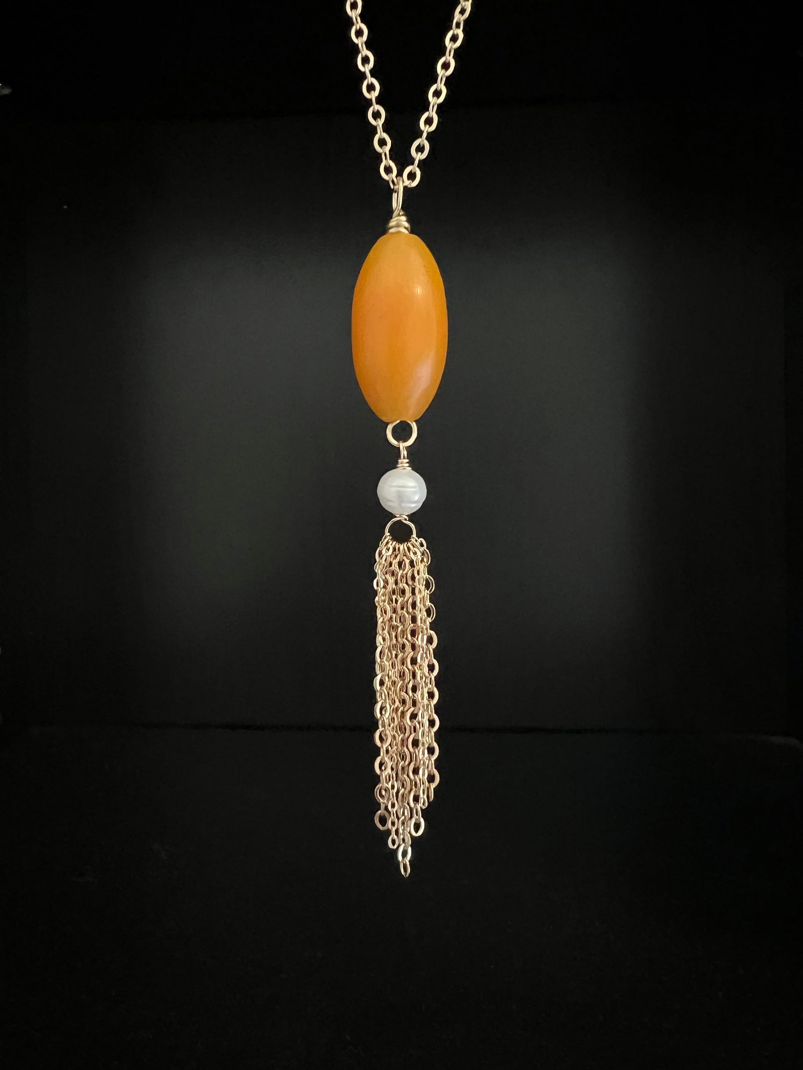 Copal Amber with Pearl and Tassel Necklace by Pake