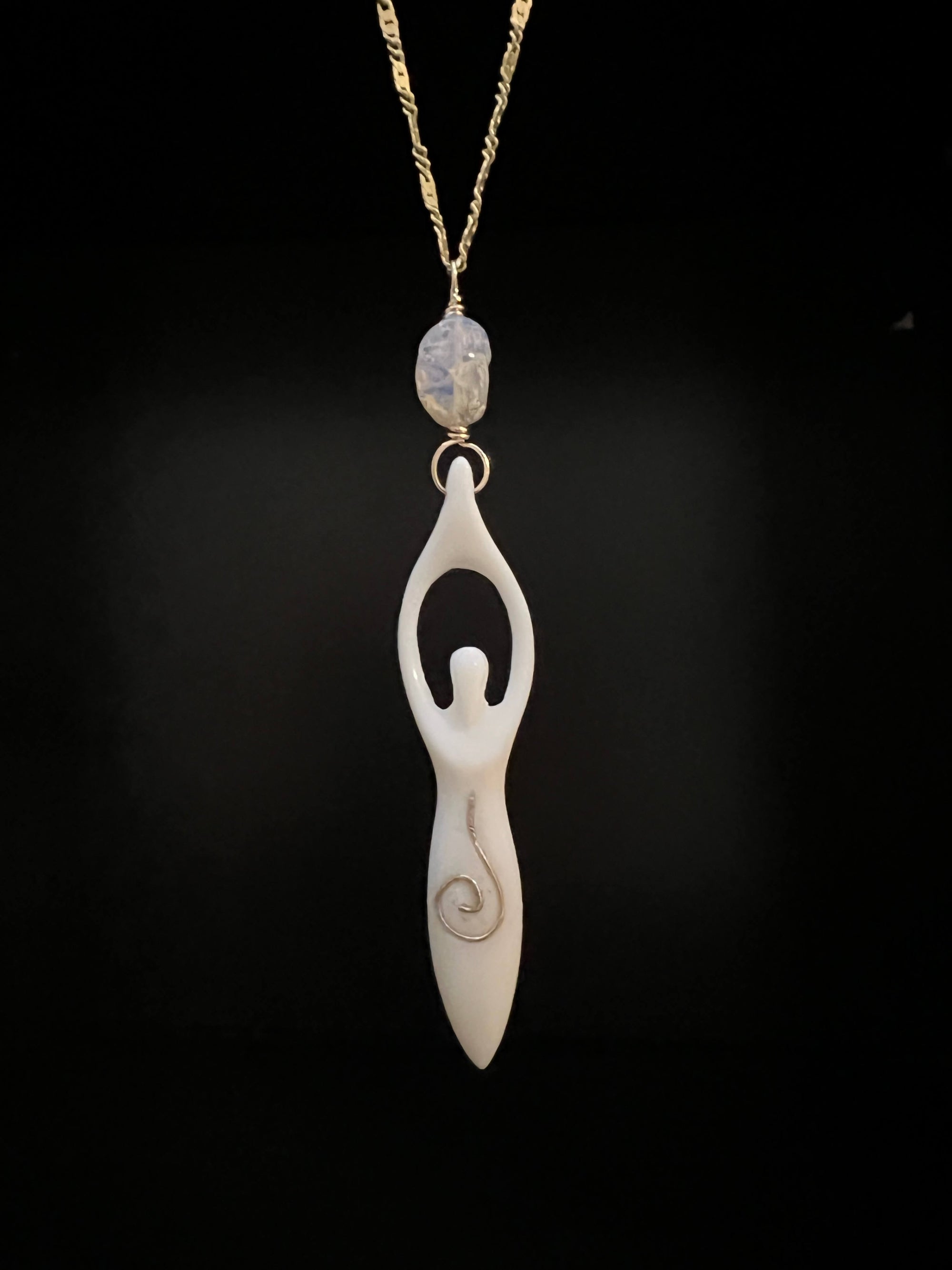 Inlaid Bone Goddess and Fire Opal Necklace by Pake