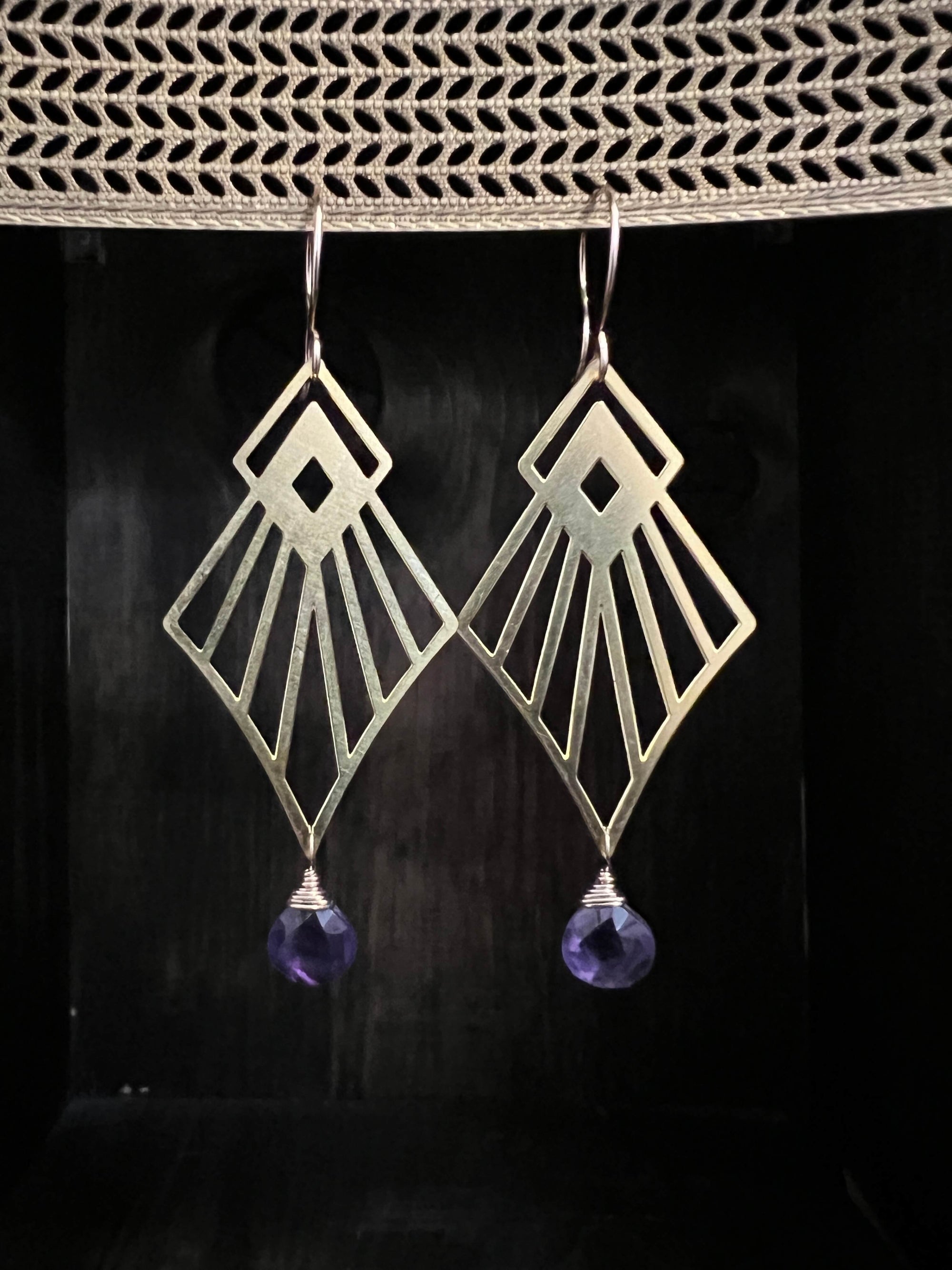 Laser Cut Brass and Amethyst Earrings by Pake