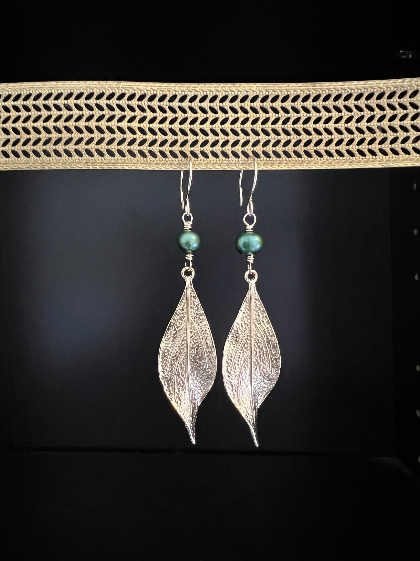 Leaves with Green Pearl Earrings by Pake