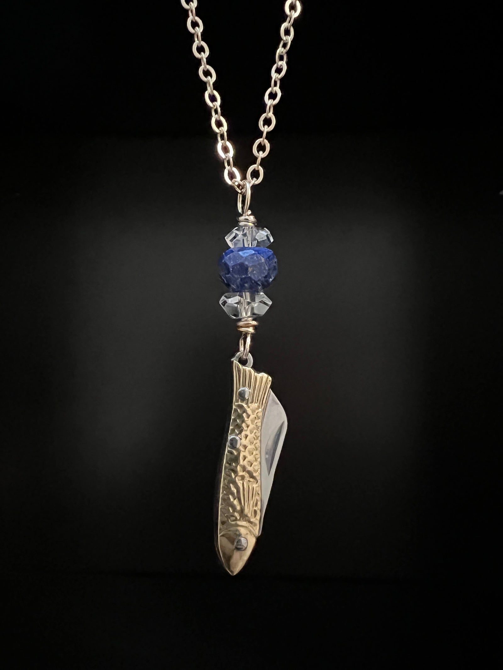 Mini Fish Knife Necklace with Lapis and Crystal by Pake