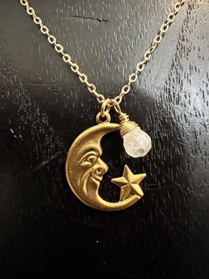 Moonstone, Moon and Star Necklace by Pake