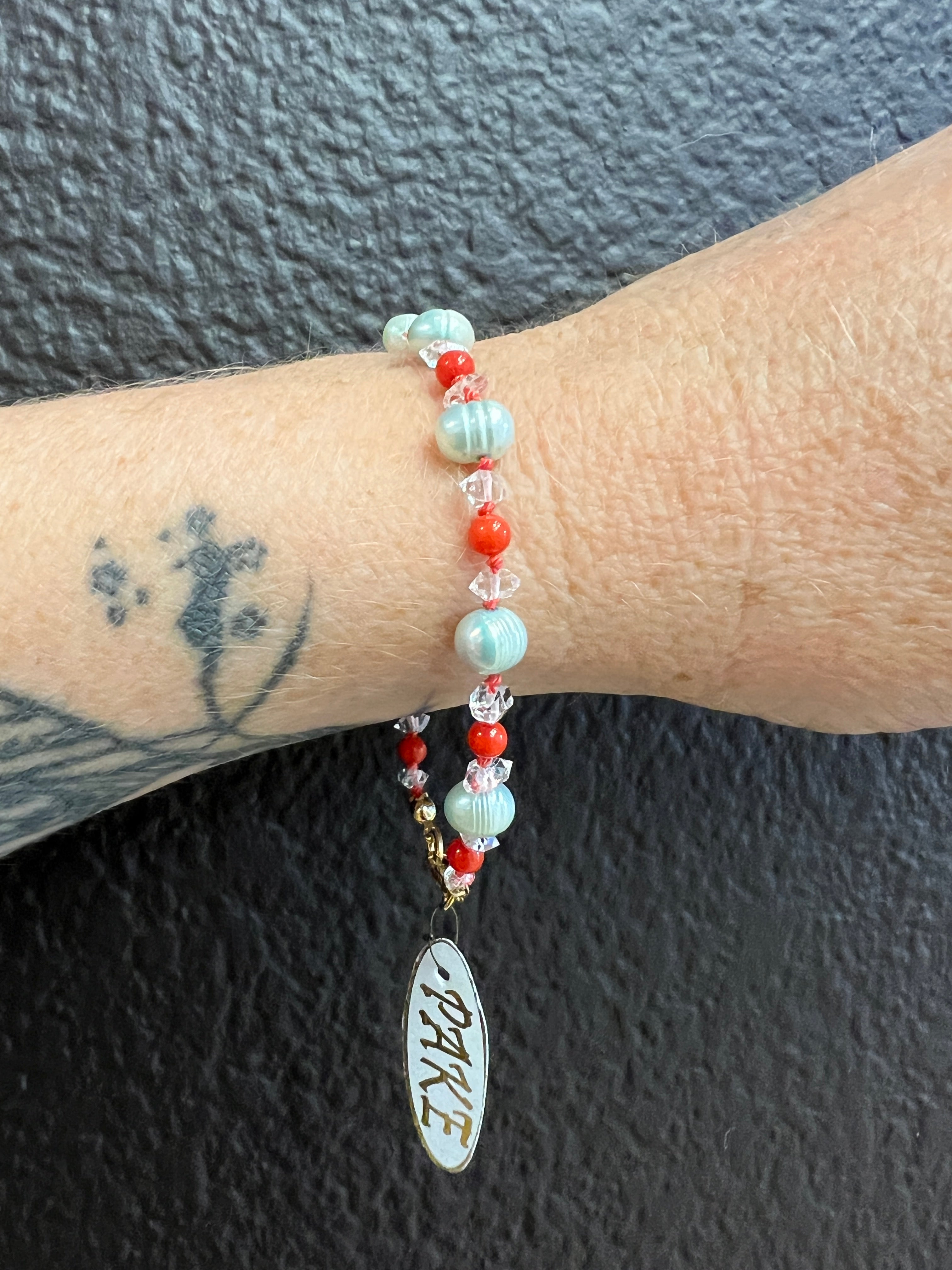 Freshwater Pearl, Coral and Herkimer Diamond Bracelet by Pake