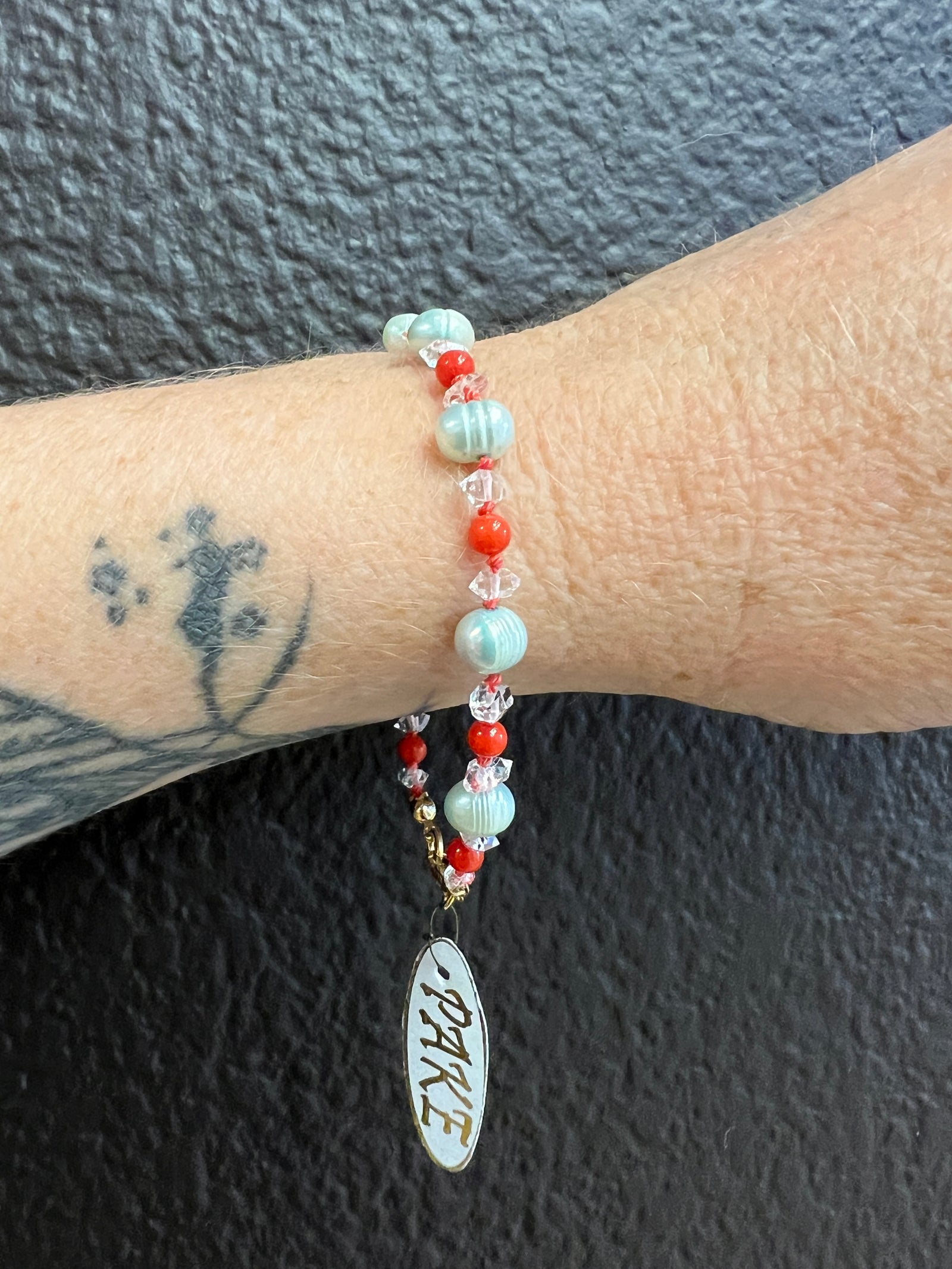 Freshwater Pearl, Coral and Herkimer Diamond Bracelet by Pake