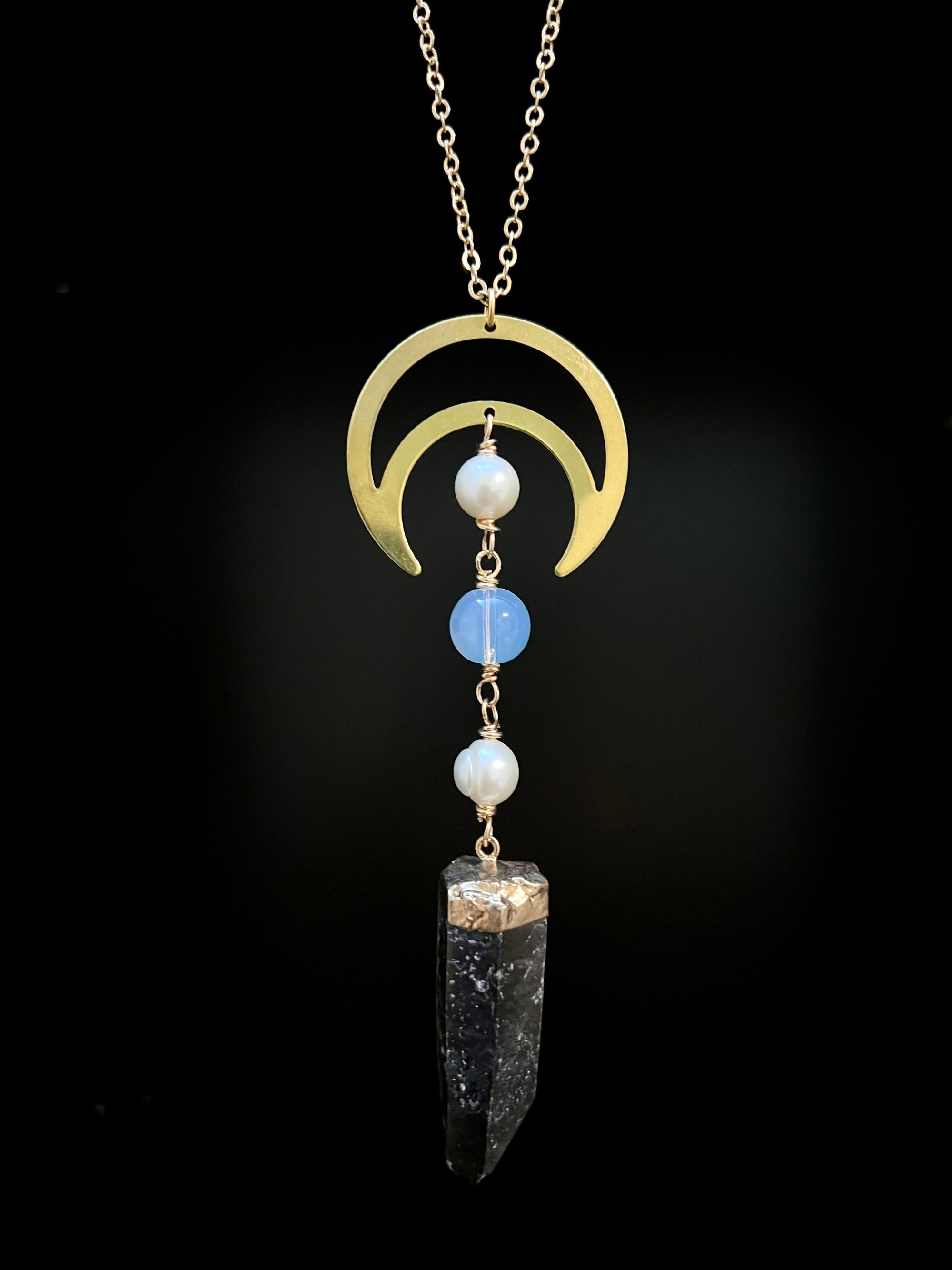 Smoky Quartz, Pearl and Opalite Moon Necklace by Pake