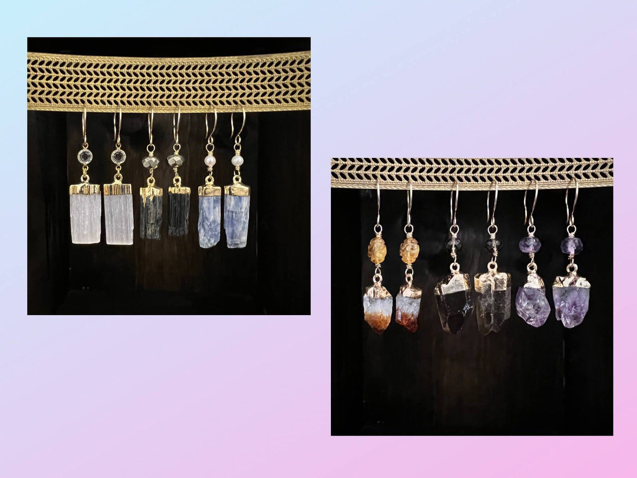 Electroplated Amethyst, Black Tourmaline, Blue Kyanite, Citrine, Selenite and Smoky Quartz with semi precious accent stones hanging on hand made gold filled ear wires.