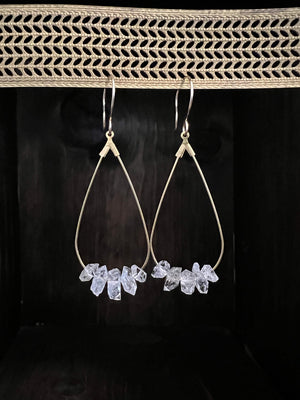 Five Herkimer Diamonds on brass wire drops hanging on hand made gold filled ear wires.