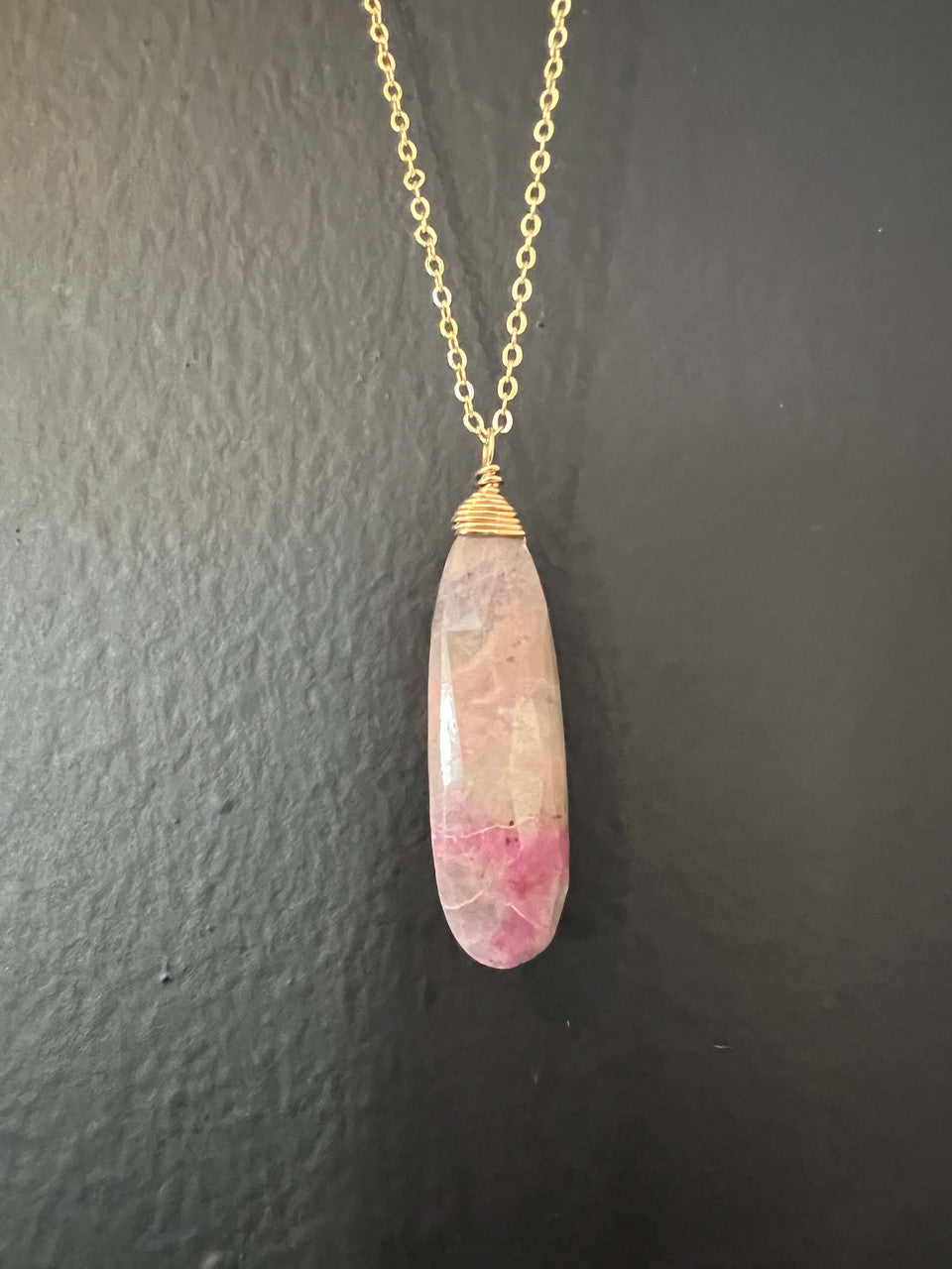 Ruby Fuchsite drop with gold filled wire wrap hanging on 18” dainty brass chain by Pake